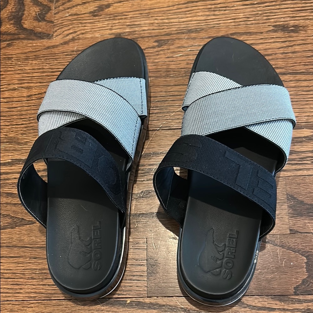 Sorel Black and Gray Sandals with Modern Crisscross Design